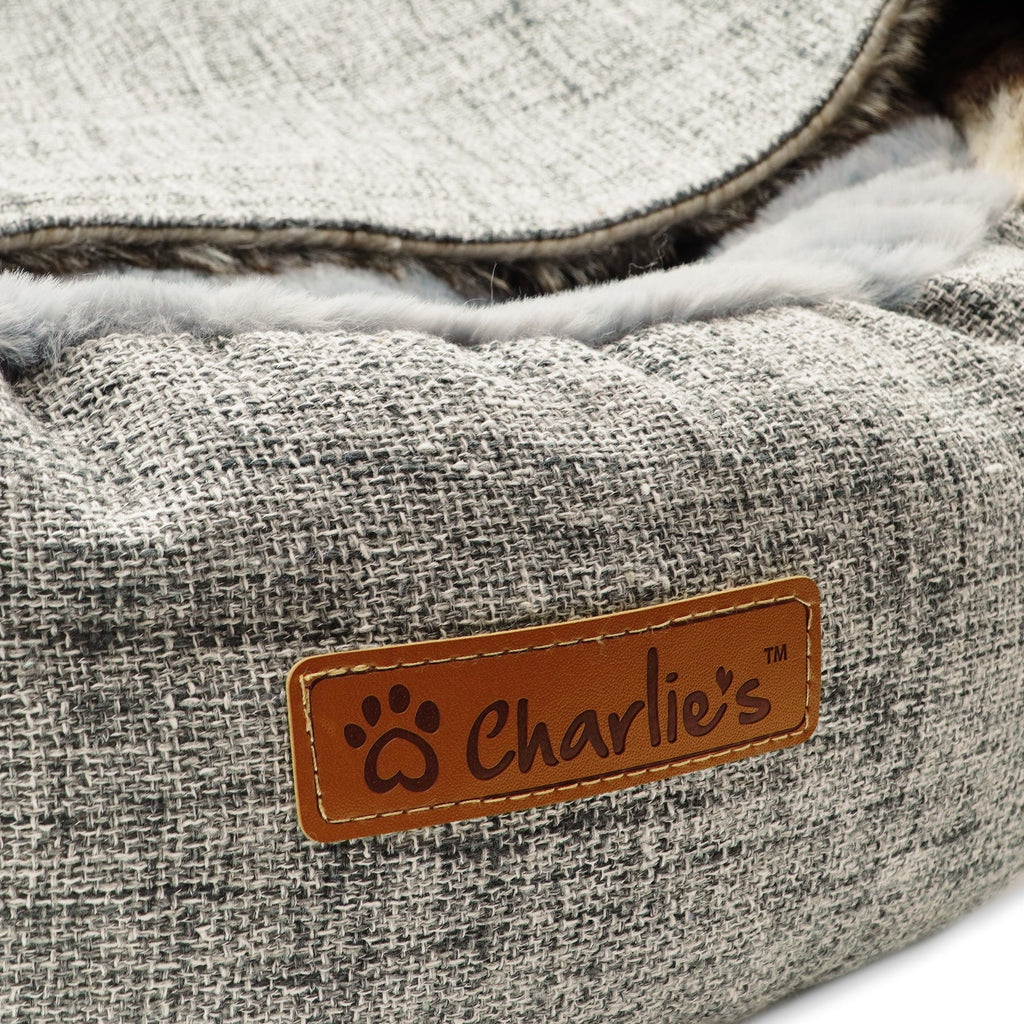 Charlie's - Snookie Hooded Pet Bed - Faux Wolf Fur &amp; Linen - Light Grey - Large-medium-small