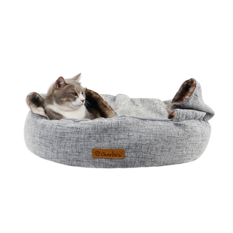 Charlie's - Snookie Hooded Pet Bed - Faux Wolf Fur & Linen - Light Grey - Large-medium-small