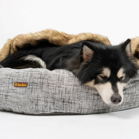 Charlie's - Snookie Hooded Pet Bed - Faux Wolf Fur & Linen - Light Grey - Large-medium-small