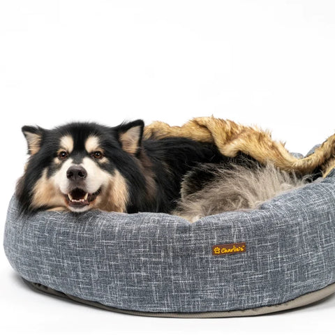 Charlie's - Snookie Hooded Pet Bed - Faux Wolf Fur & Linen - Dark Grey - Large-medium-small