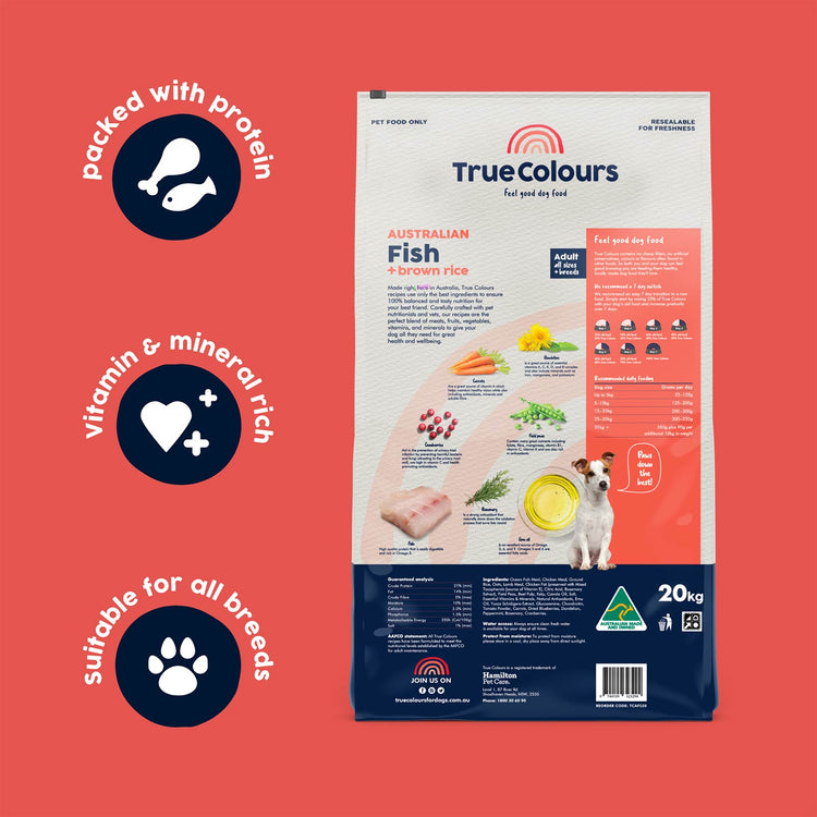 True Colours - Adult Dog - Australian Fish + Brown Rice - 20kg-3kg