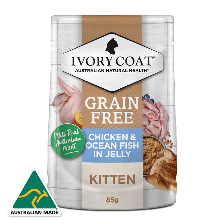 Ivory Coat - Pouches - Kitten Wet Food - GRAIN FREE - Chicken & Ocean Fish in Jelly - 12 x 85g