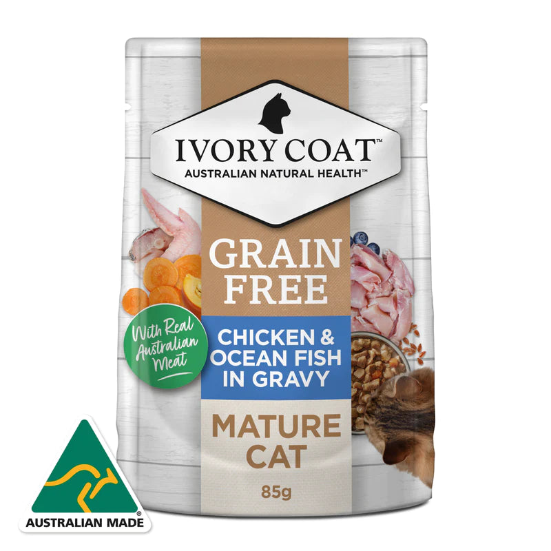 Ivory Coat - Pouches - Mature Cat Wet Food - GRAIN FREE - Chicken & Ocean Fish in Gravy - 12 x 85g