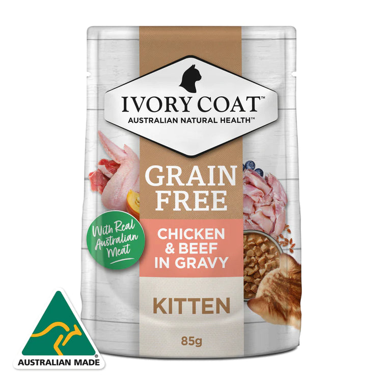 Ivory Coat - Pouches - Kitten Wet Food - GRAIN FREE - Chicken & Beef in Gravy - 12 x 85g