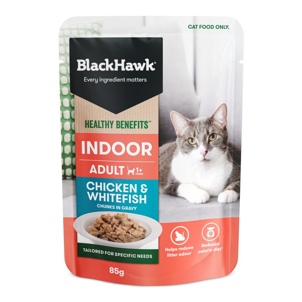 Black Hawk - Pouches - Adult Cat - Healthy Benefits - Indoor Chicken & Whitefish in Gravy - 12 x 85g