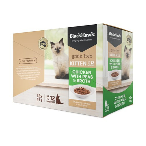 Black Hawk - Pouches - Kitten - GRAIN FREE - Chicken with Peas & Broth in Gravy - 12 x 85g