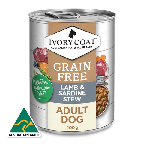 Ivory Coat – Wet Food Tins - Adult Dog - GRAIN FREE - Lamb & Sardine Stew - 12 x 400g