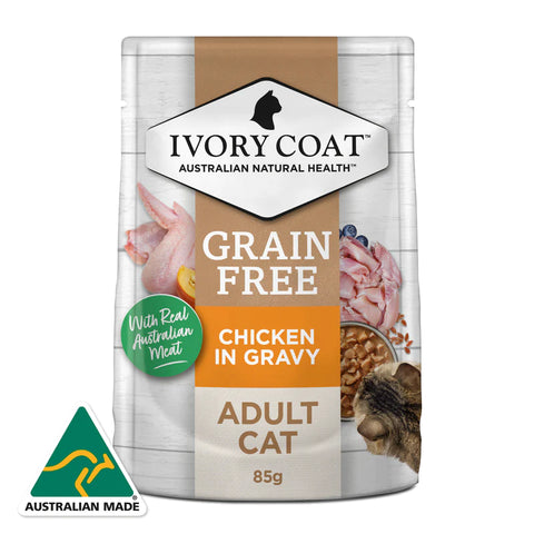 Ivory Coat - Pouches - Adult Cat Wet Food - GRAIN FREE - Chicken in Gravy - 12 x 85g