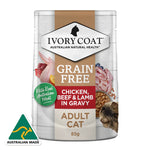 Ivory Coat - Pouches - Adult Cat Wet Food- GRAIN FREE - Chicken, Beef & Lamb in Gravy - 12 x 85g