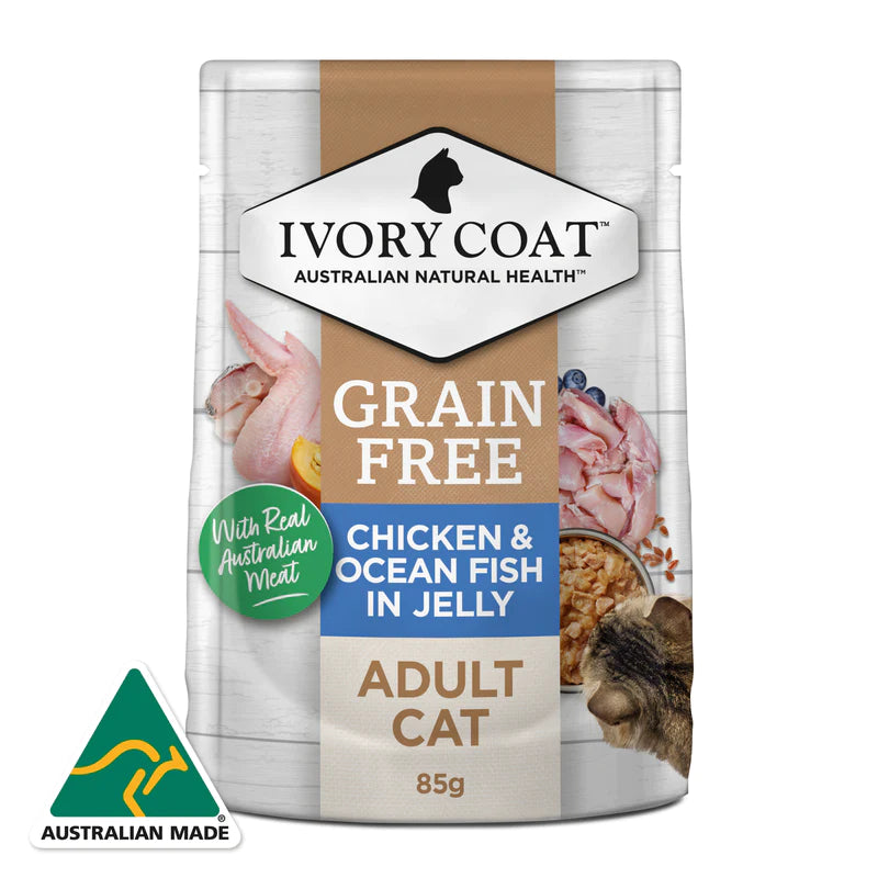 Ivory Coat - Pouches - Adult Cat Wet Food - GRAIN FREE - Chicken & Ocean Fish in Jelly - 12 x 85g