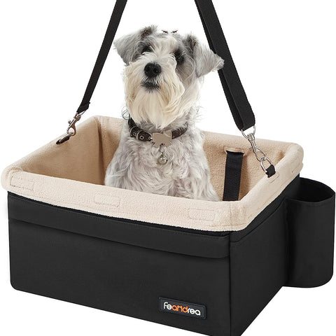 Feandrea Dog Car Seat Adjustable Straps Washable Liner 4 Pockets Black and Beige