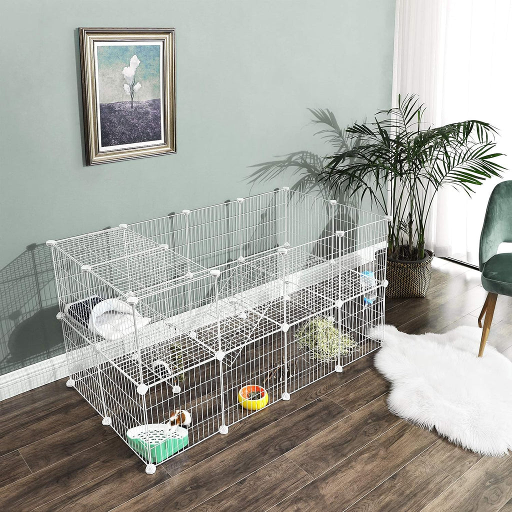 SONGMICS Metal Wire Two-Story Pet Playpen with Zip Ties White for Hedgehogs, hamsters, guinea pigs, or puppies