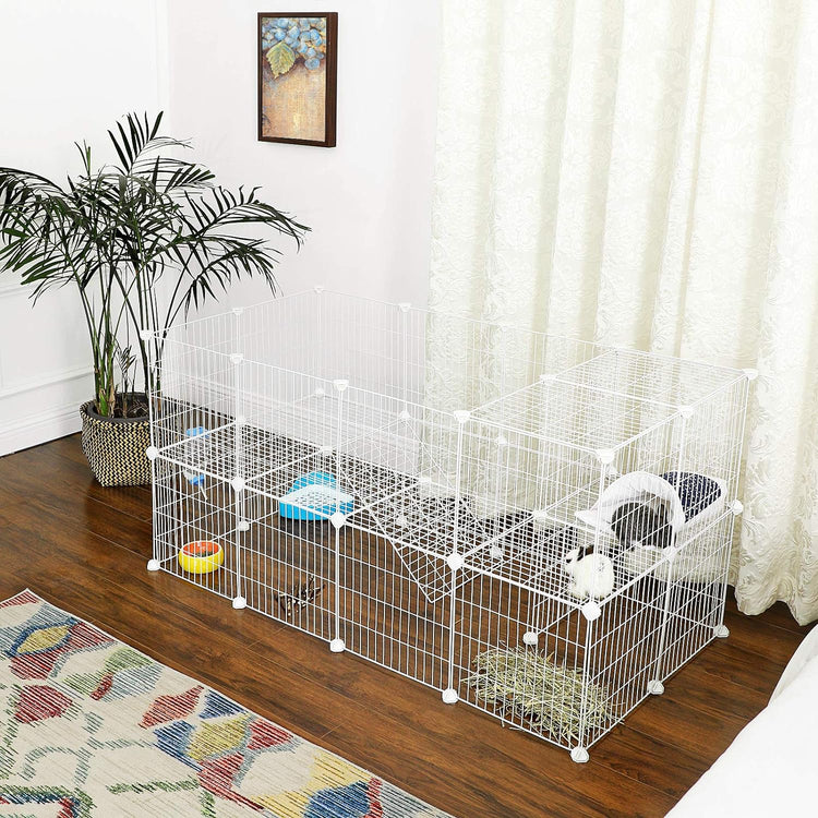 SONGMICS Metal Wire Two-Story Pet Playpen with Zip Ties White for Hedgehogs, hamsters, guinea pigs, or puppies