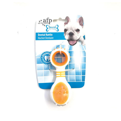 AFP - Dog Dental Rattle - Orange Puppy Teething + Cleaning Gums Rubber Ridges Chew