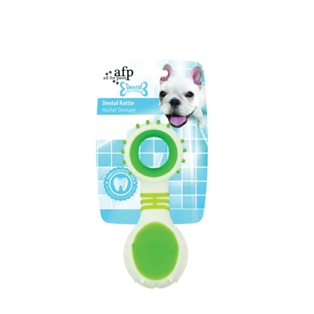 AFP - Dog Dental Rattle - Green Puppy Teething + Cleaning Gums Rubber Ridges Chew