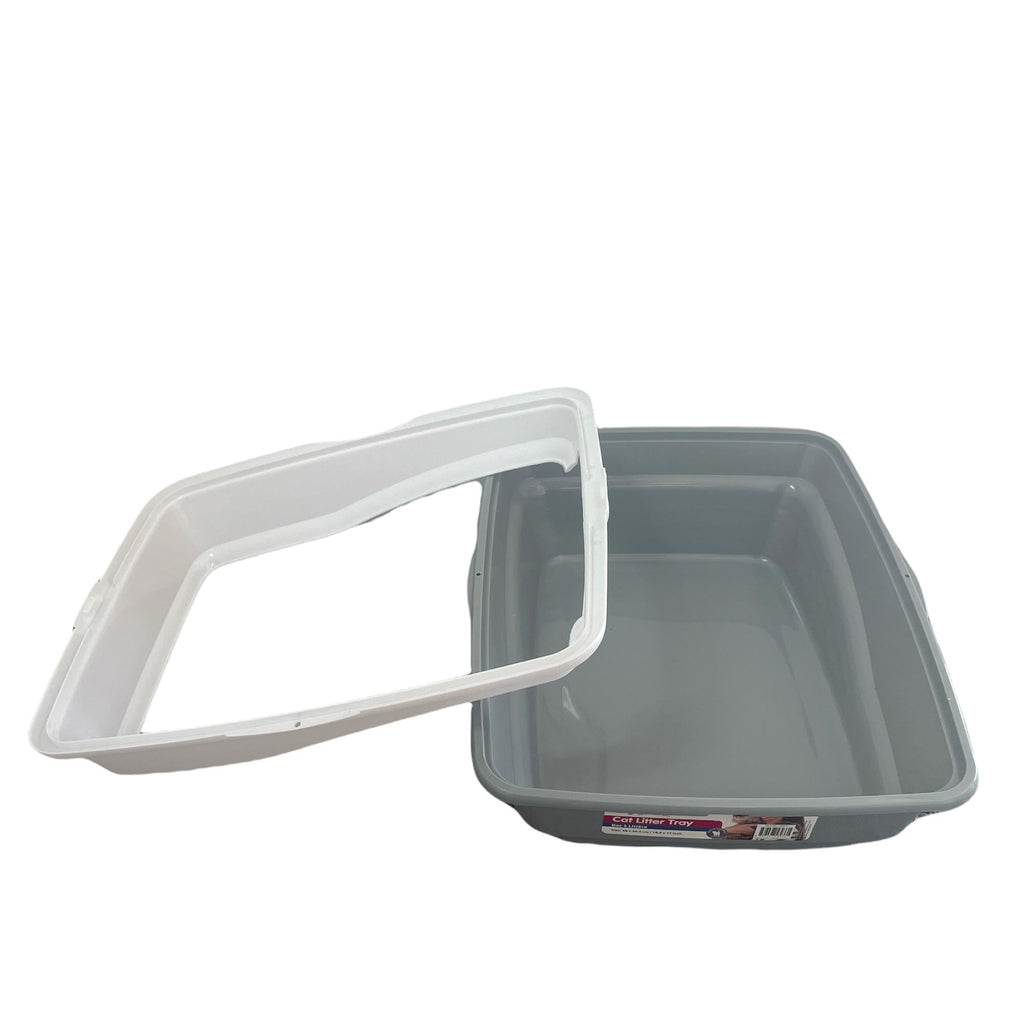 PAWISE-Cat Litter Tray Plastic 48x38.5x12cm Non Spill Mess Guard Rim Grey White Kitty Pan