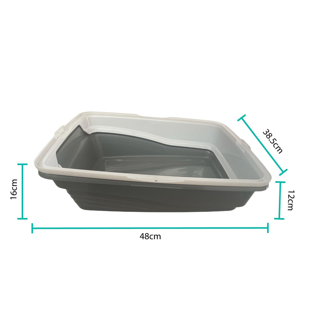 PAWISE-Cat Litter Tray Plastic 48x38.5x12cm Non Spill Mess Guard Rim Grey White Kitty Pan