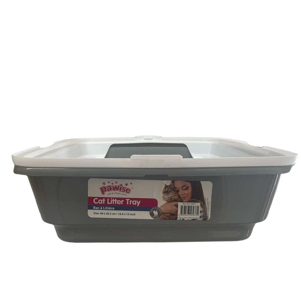 PAWISE-Cat Litter Tray Plastic 48x38.5x12cm Non Spill Mess Guard Rim Grey White Kitty Pan