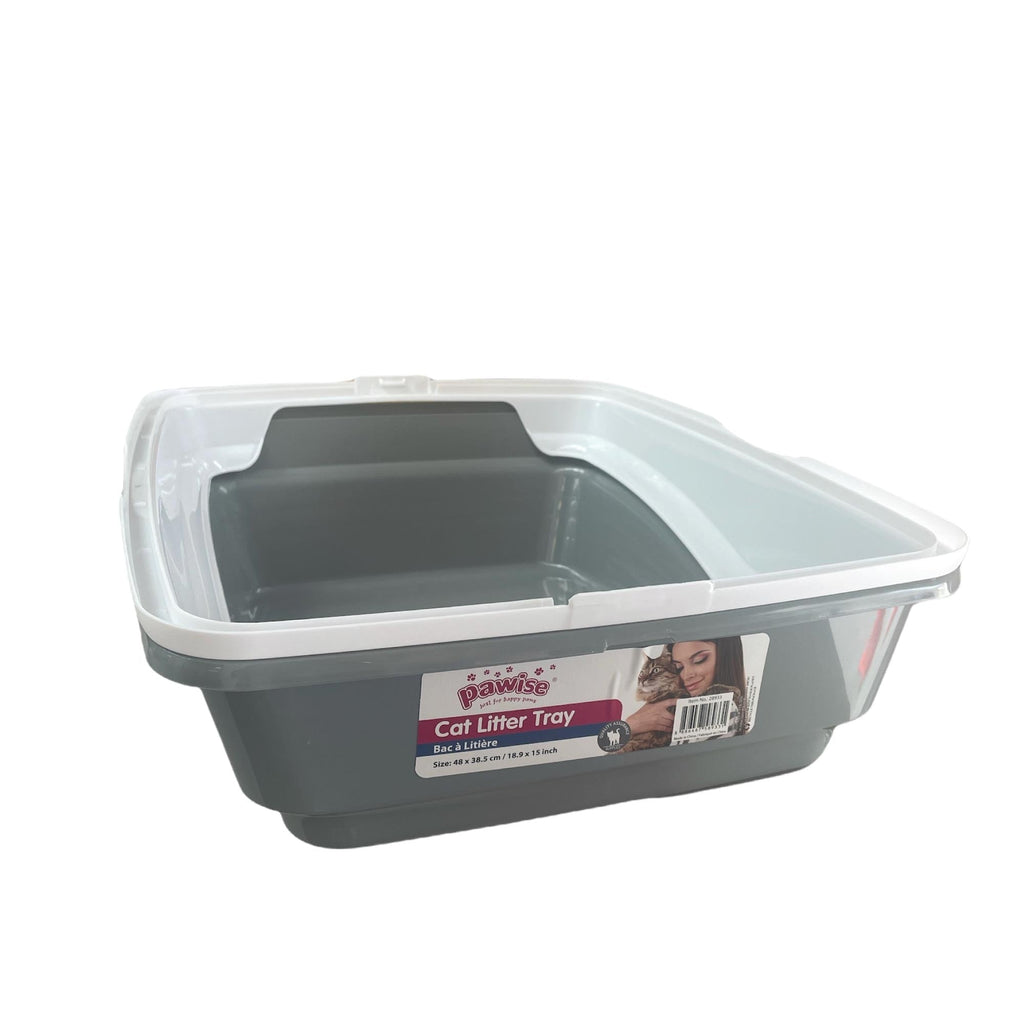 PAWISE-Cat Litter Tray Plastic 48x38.5x12cm Non Spill Mess Guard Rim Grey White Kitty Pan