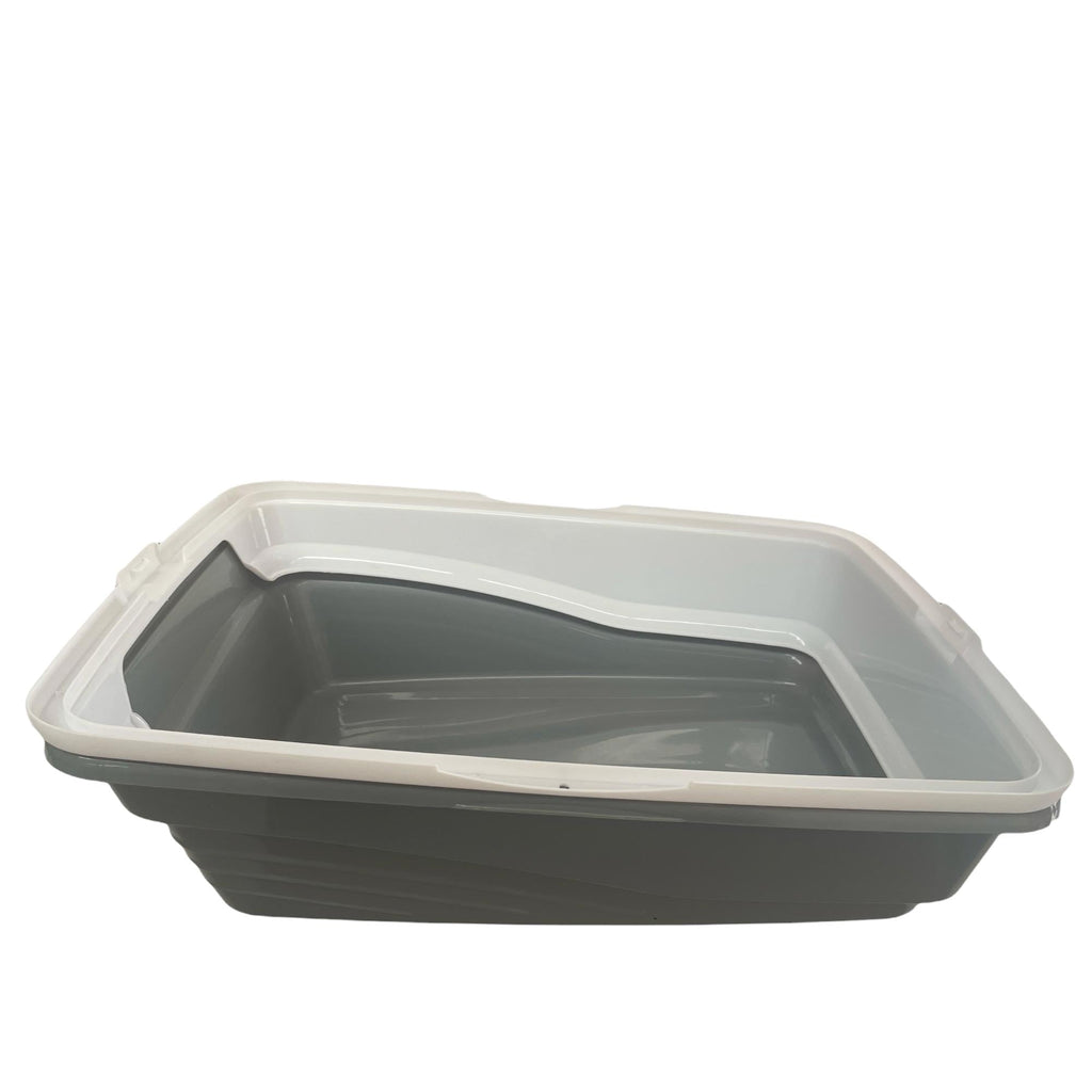 PAWISE-Cat Litter Tray Plastic 48x38.5x12cm Non Spill Mess Guard Rim Grey White Kitty Pan