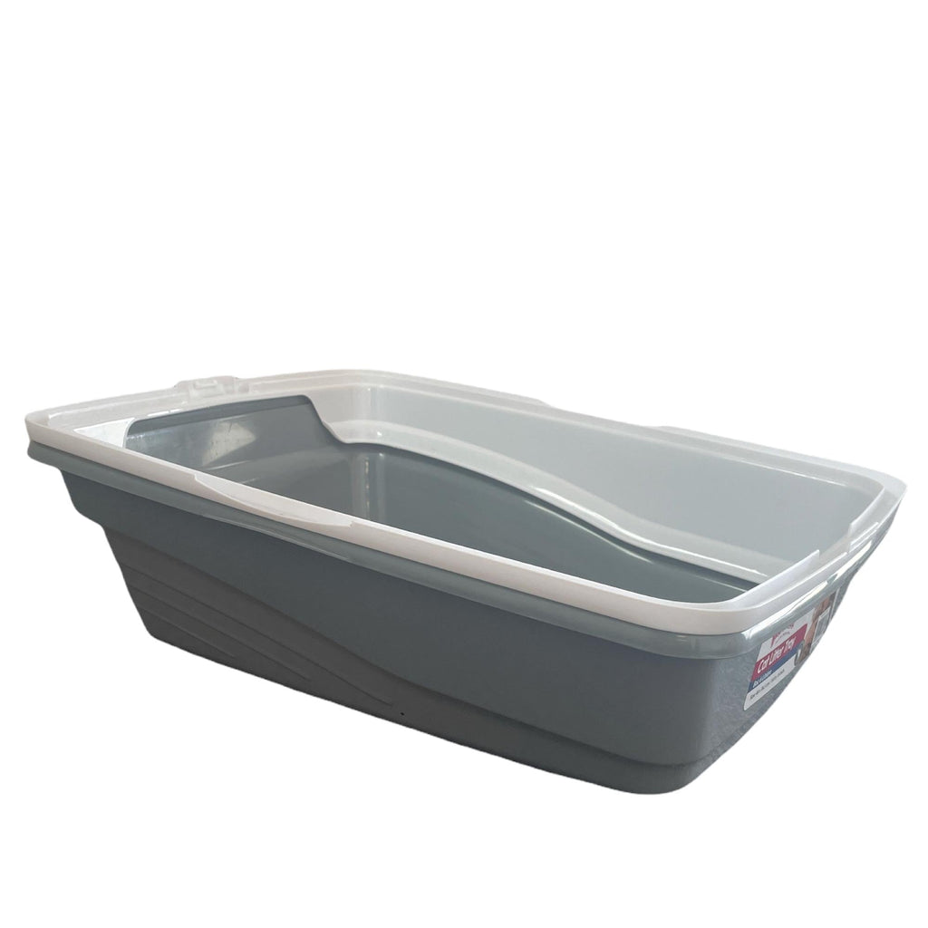 PAWISE-Cat Litter Tray Plastic 48x38.5x12cm Non Spill Mess Guard Rim Grey White Kitty Pan