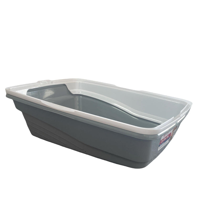 PAWISE-Cat Litter Tray Plastic 48x38.5x12cm Non Spill Mess Guard Rim Grey White Kitty Pan