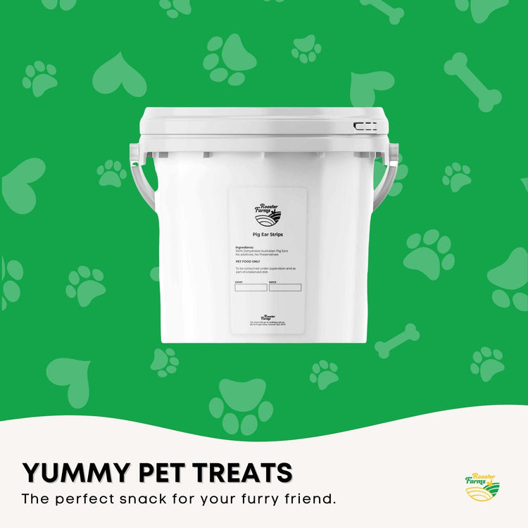 Rooster Farm 1Kg Dog Treat Pig Ear Strips Bucket - Dehydrated Australian Healthy Puppy Chew