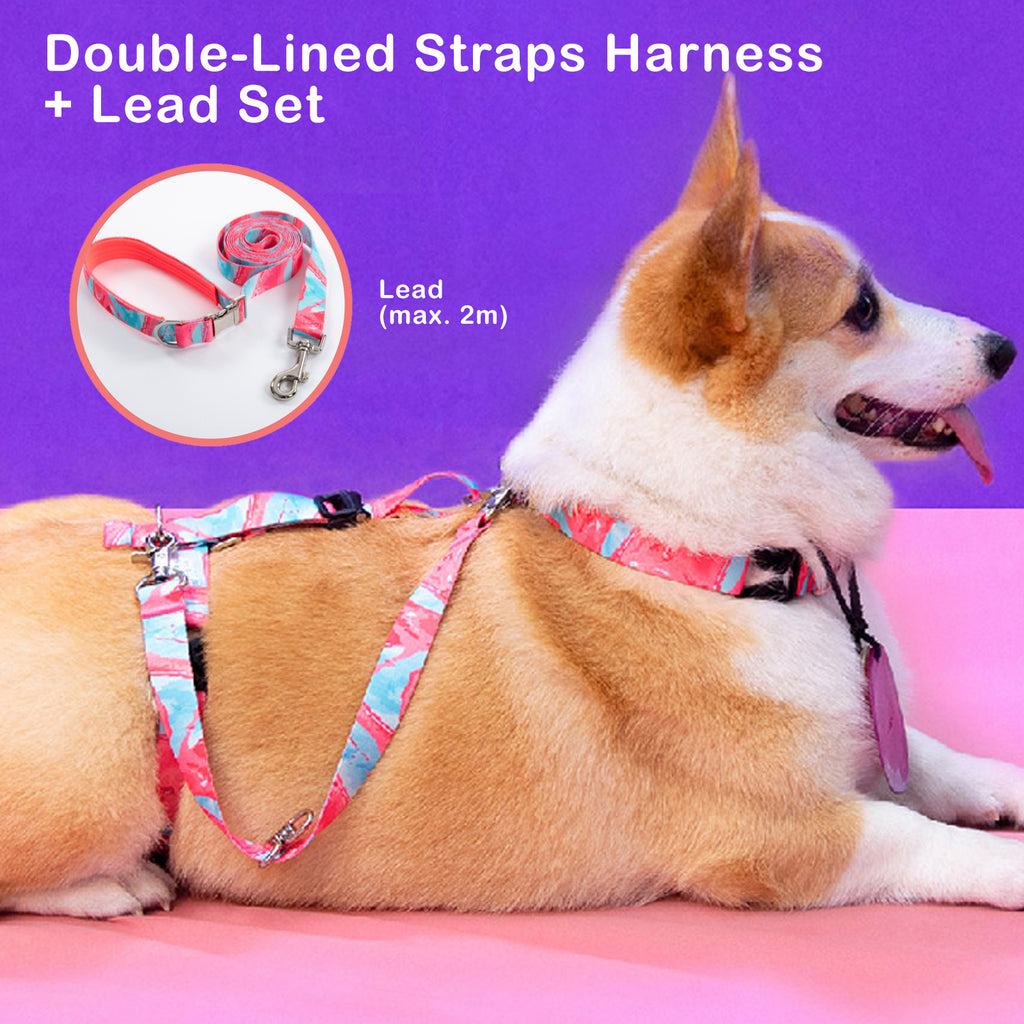 Dog Double-Lined Straps Harness and Lead Set Leash Adjustable L MARBLE PINK