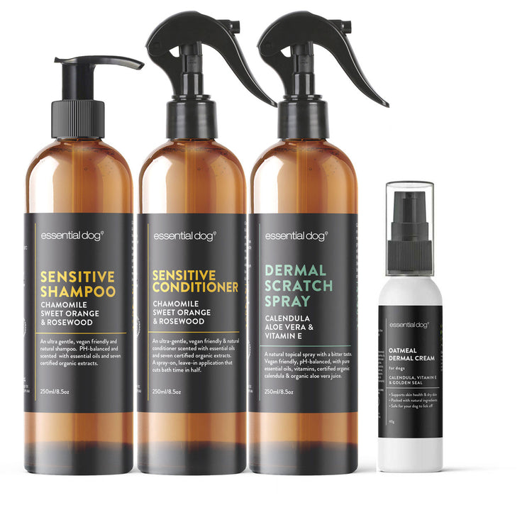 Essential Dog-Sensitive Skin Itch Pack: Dog Shampoo, Conditioner, Dermal Scratch Spray & Cream