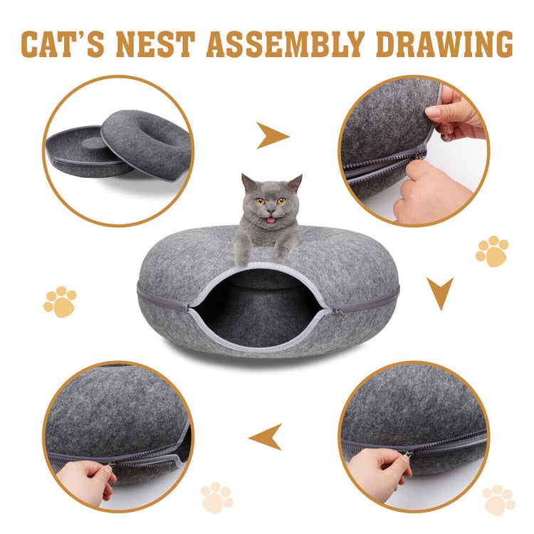 Cat Tunnel Bed Felt Pet Puppy Nest Cave House Round Donut Interactive Play Toy