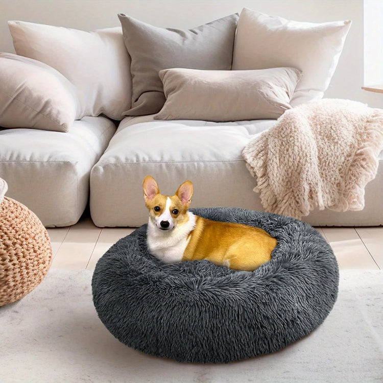 PawfectFriend Dog Pet Cat Calming Bed Plush Beds Large Fluffy Donut Comfy Cushion Puppy-Medium-50cm Dark Gray