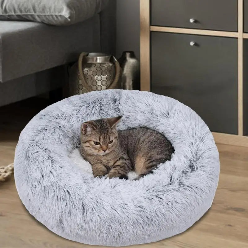 PawfectFriend Dog Pet Cat Calming Bed Plush Beds Large Fluffy Donut Comfy Cushion Puppy-Medium-50cm Dark Gray