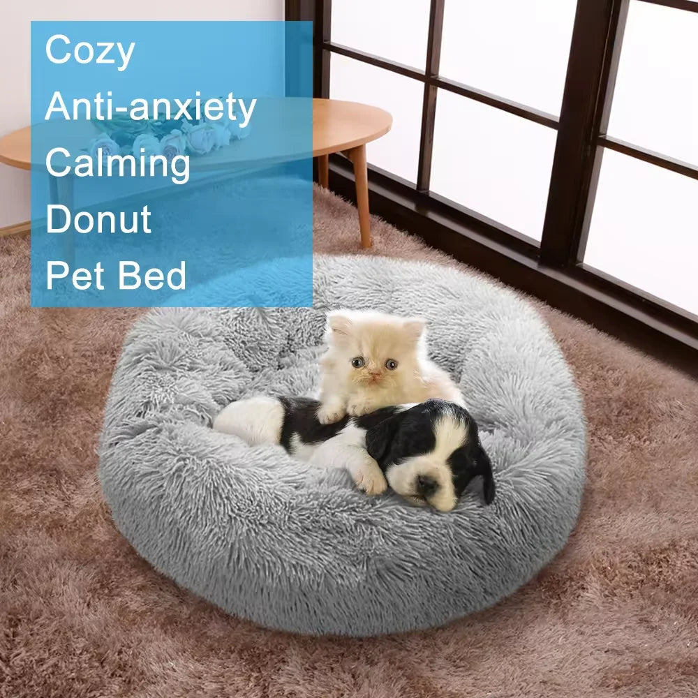 PawfectFriend Dog Pet Cat Calming Bed Plush Beds Large Fluffy Donut Comfy Cushion Puppy XL-70cm cream