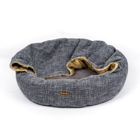 Charlie's - Snookie Hooded Pet Bed - Faux Wolf Fur & Linen - Dark Grey - Large-medium-small