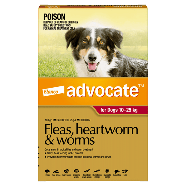 Advocate - Fleas, Heartworm & Worms - Dogs 10kg to 25kg (6 x 2.5ml Tubes)