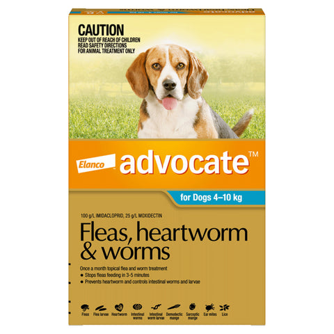 Advocate - Fleas, Heartworm & Worms 1.0ml - Dogs 4kg to 10kg -3 tube