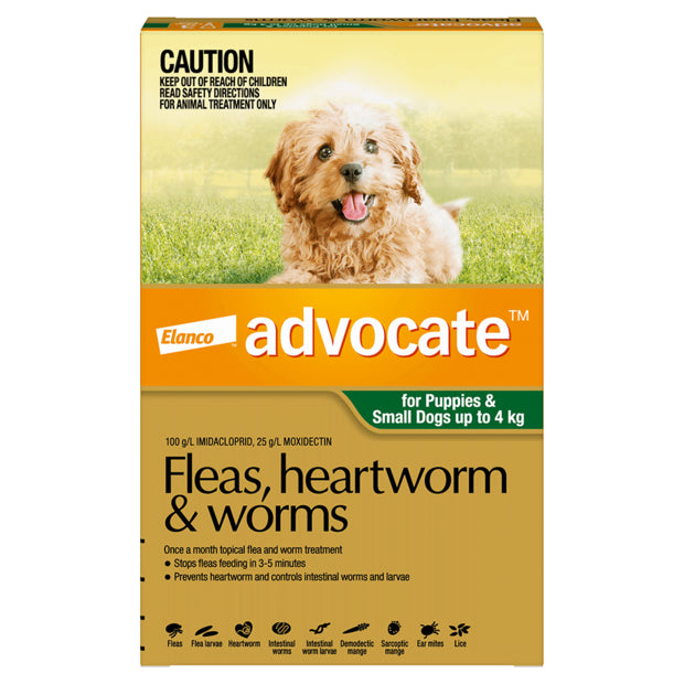 Advocate - Fleas, Heartworm & Worms - Puppies and Small Dogs up to 4kg (3 x 0.4ml Tubes)