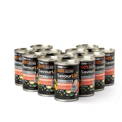 SavourLife - Wet Food Tins - Adult Dog - GRAIN FREE - Ocean Fish Recipe - 12 x 375g