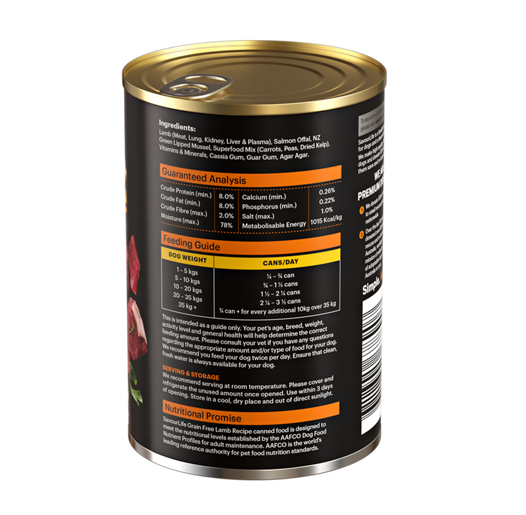 SavourLife - Wet Food Tins - Adult Dog - GRAIN FREE - Lamb Recipe - 12 x 375g