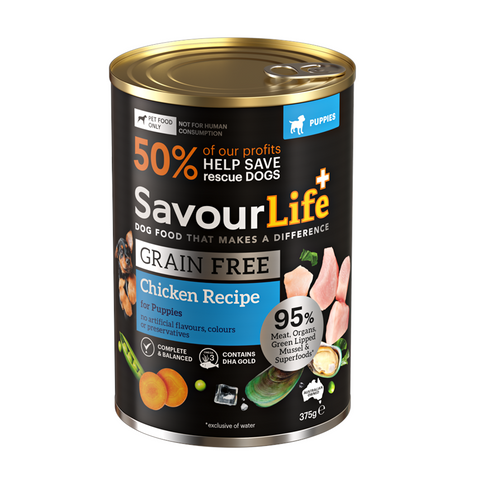 SavourLife - Wet Food Tins - Puppy - GRAIN FREE - Chicken Recipe - 12 x 375g